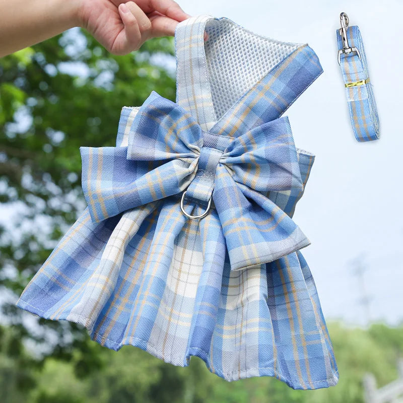 Pet Jk Plaid Dress Dog Harness and Leash Set Bow Skirt Kitten Puppy Vest Luxury Dog Clothes Chihuahua Dog Outfits Bichon Items