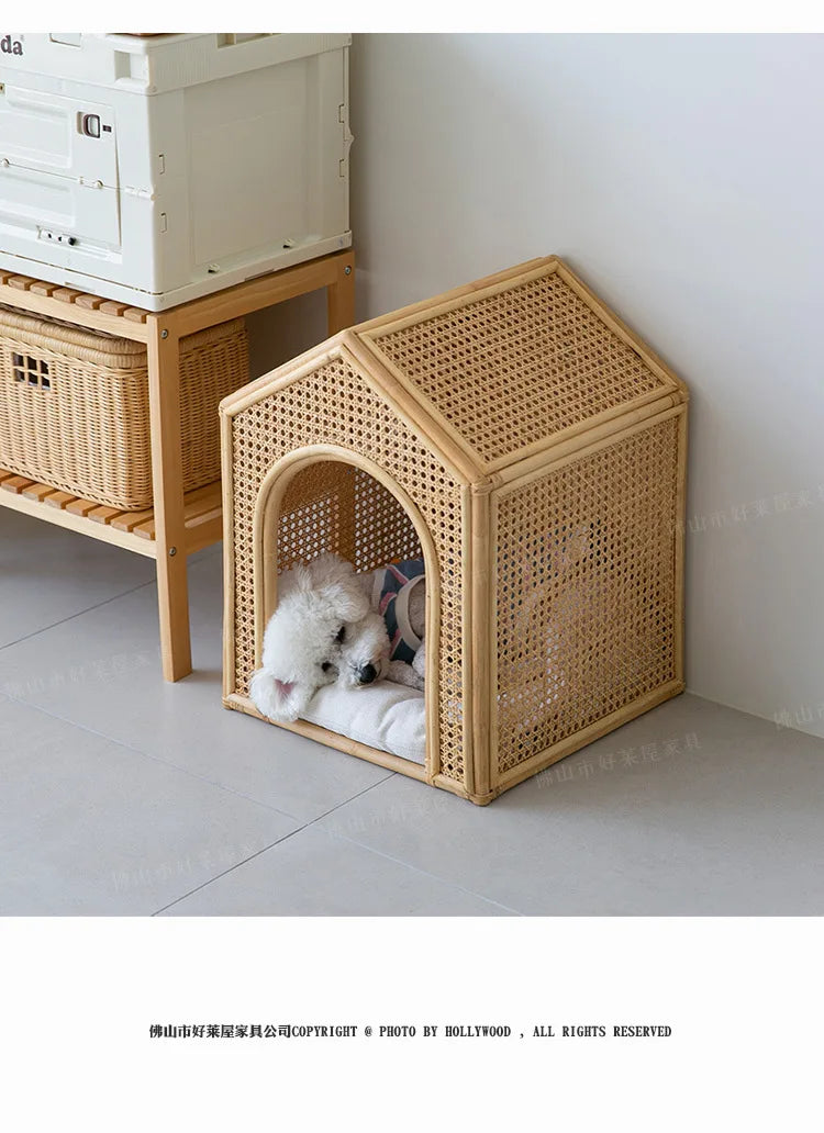 House Pet Bed Roof Kennel Rattan Cat Cat Bed Kitten Puppy Handmade Rattan Bed ins Korean Natural Rattan