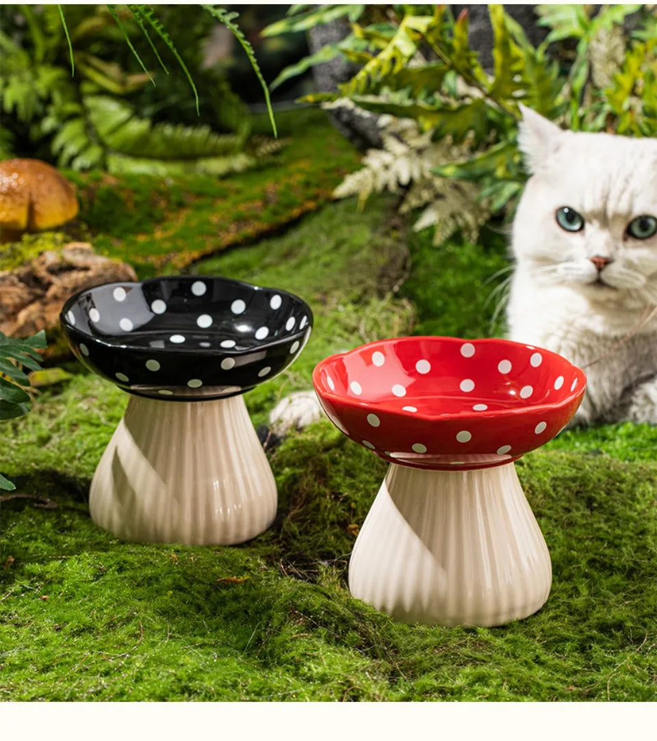 Mushroom Cat Bowl Cute Polka Dot Safe Ceramic Elevated Cat Feeder for Cats and Dogs Drinking Water Bowl Cat Feede Pet Supplies