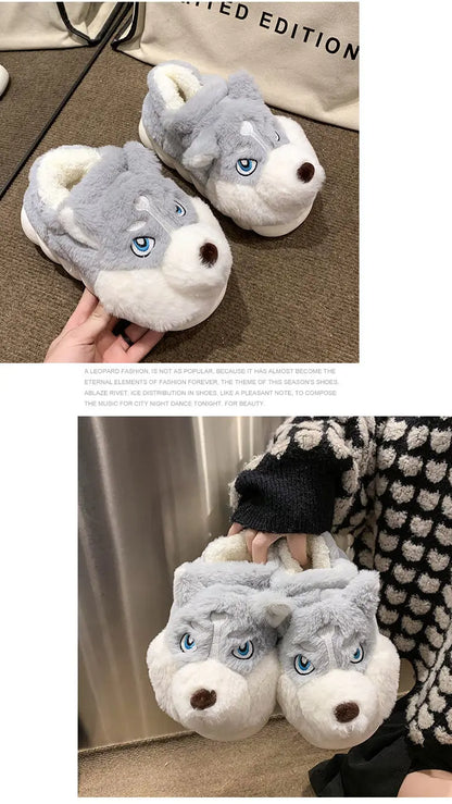 Winter Home Couple Shoes Women's Fluffy Dog Slippers Girl Animal Fur Slides Kawaii Funny Furry Shoes Woman Plush Booties Slipper