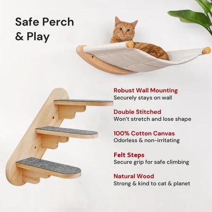 Wall Mounted Cat Climb Shelf Perch and Ladder Cat Hammock and Three Step Wood Stairway for Cats Playing and Sleeping