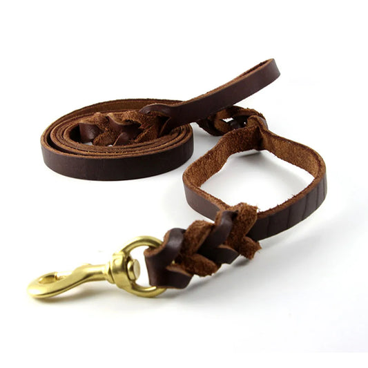Braided Leather Dog Leash with Traffic Handle Two Handles Leather Dog Leash Leads for Training Bulldog Pit-bull Pet Dog Supplies