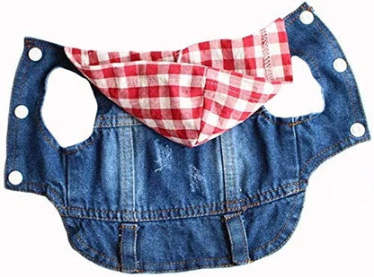 Sleeveless Denim Dog Jacket - Dark Wash, Puppy Hooded Jeans Coat Spring Summer Dog Clothes for Small Medium Dogs Bulldog Yorkie