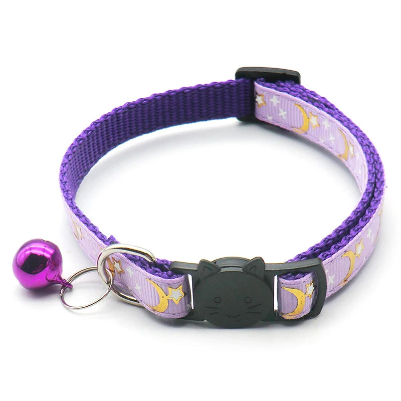 Gold Stars and Moon Cat Collar with Reflective Safety Buckle and Bell