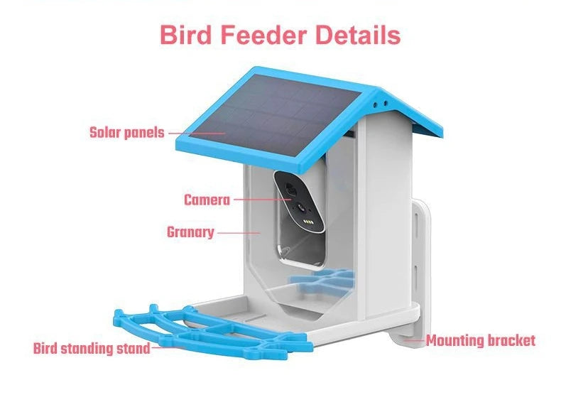 Bird Smart Feeder with Camera 1080P Solar Low Power Night Vision IP66 Waterproof 4G or WIFI Connect Real Bird Species Feeder