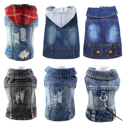 Pet Clothes for Small Medium Dogs Cool Dog Denim Jacket Puppy Sleeveless Dark Washed Jeans Costume Spring Lapel Pet Coat