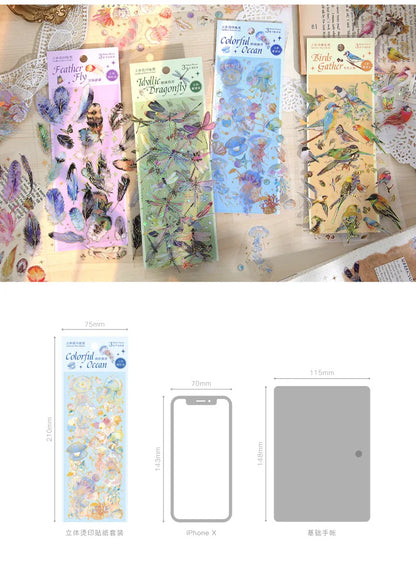 3pcs Kawaii Feather Dragonfly Bird Jellyfish Decorative Stickers Pack Scrapbooking Material Label Diary Phone Journal Planner