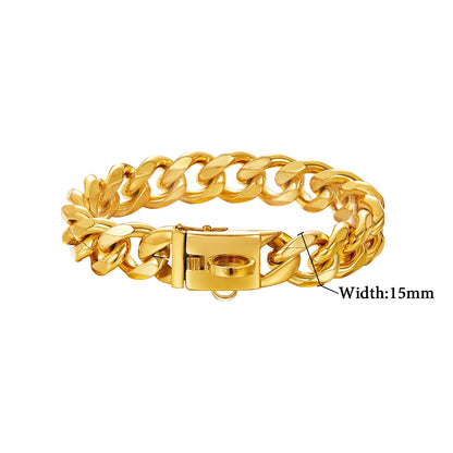 15/19mm Wide Solid Cuban Link Chain Gold Dog Chain Collar with Pendant A Strong Stainless Steel Chew Proof Collars for Large Dog