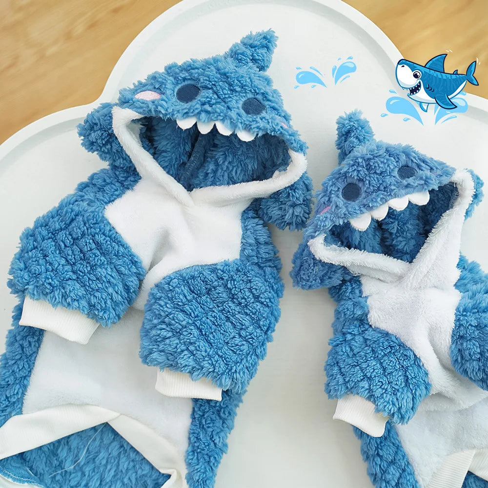 Funny Dog Shark Costume Cute Autumn Winter Pet Clothes Halloween Holiday Coat Cosplay Dress Warm Fleece Hoodie for Small Dogs