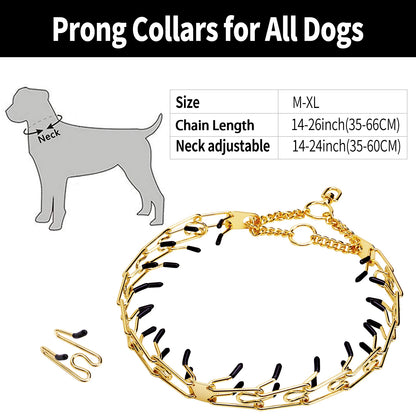 Gold Dog Collar Choker with Comfort Rubber, Stainless Steel Pet Prong Collar, Adjustable Metal Necklace for Medium and Large Dog