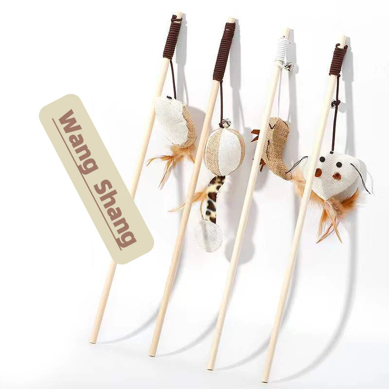 Cat Teaser Wand Toy Feather Butterfly Mouse Cat Fishing Rod Toys Wooden Interactive Kitten Toys For Indoor Cats Ball With Catnip