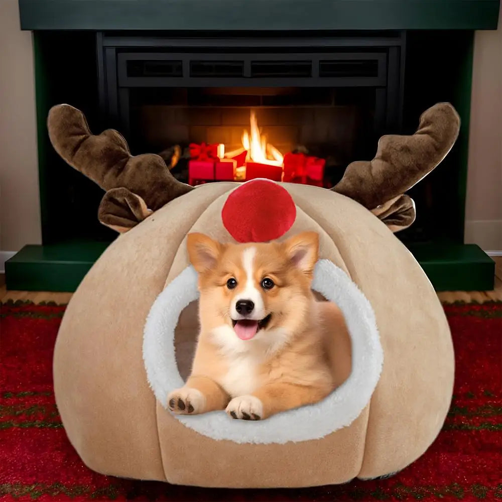 Christmas Winter Cat Cave Bed Dog Tent Christmas Reindeer Tent Washable Removable Cushion for Indoor Small Dogs And Cats