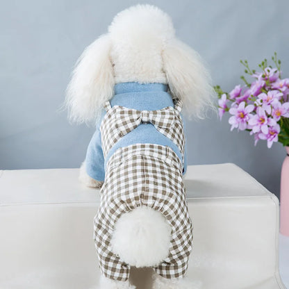 Winter Dog Clothes Bowknot Plaid Coat Thicken Jacket Pets Gentleman Outfits Warm Clothes Bowknot Jumpsuit Jacket Outfit Clothing