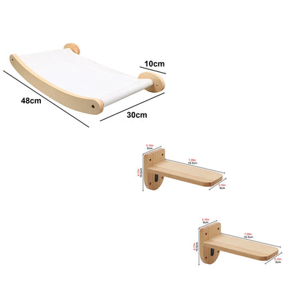 Wall Mounted Cat Climbing Wood Shelves Furniture Cat Bridge and Cat Hammock or Platform with Pedals for Kitten Perch and Rest