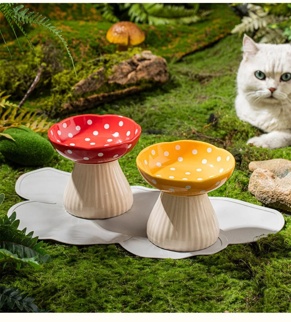 Mushroom Cat Bowl Cute Polka Dot Safe Ceramic Elevated Cat Feeder for Cats and Dogs Drinking Water Bowl Cat Feede Pet Supplies