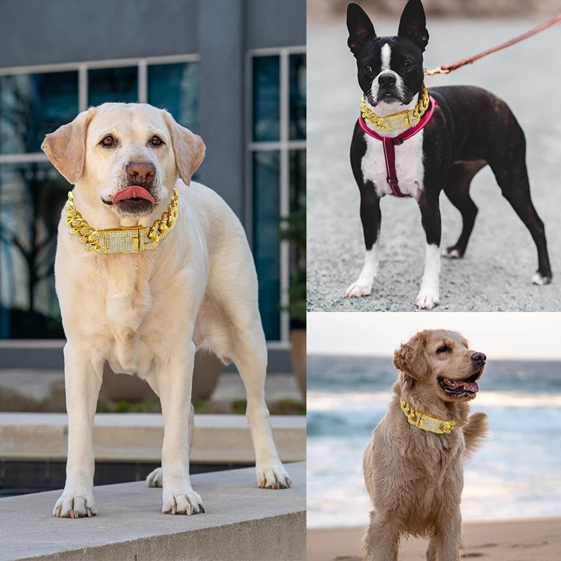 Dog Chain Diamond Cuban Collar,with Design Secure Buckle,Walking Metal Chain Collar,Pet Cat Cuban Collar Jewelry Accessories