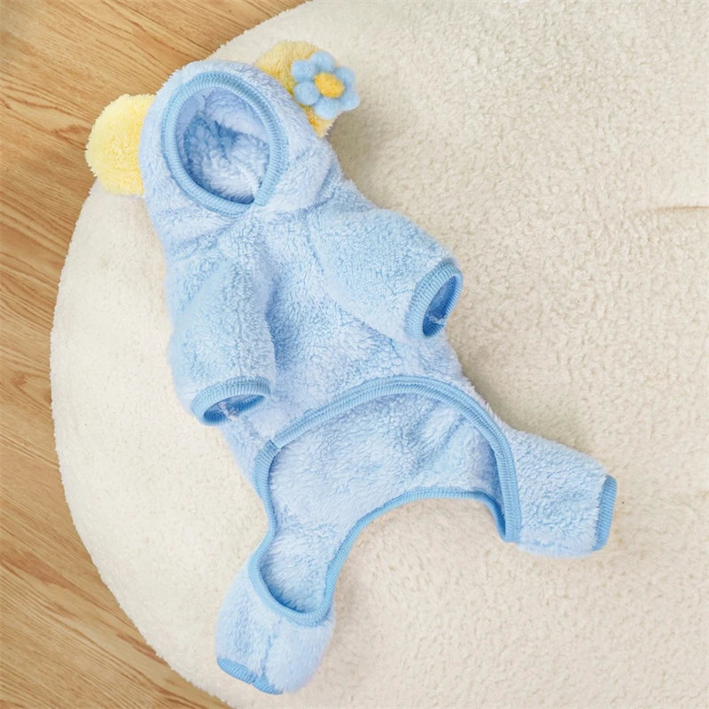 Soft Flannel Pet Dog Clothes Light Blue Solid Flower Winter Overalls for Cats New Year Cosplay Chihuahua Coat Kitten Sweatshirts