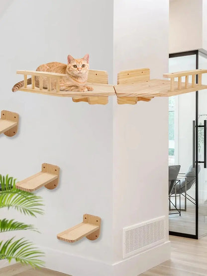 Wall Mounted Cat Wall Climbing Furniture Cat Corner Guardrail Steps and Platform Scratching Posts For Cat Walking and Playing