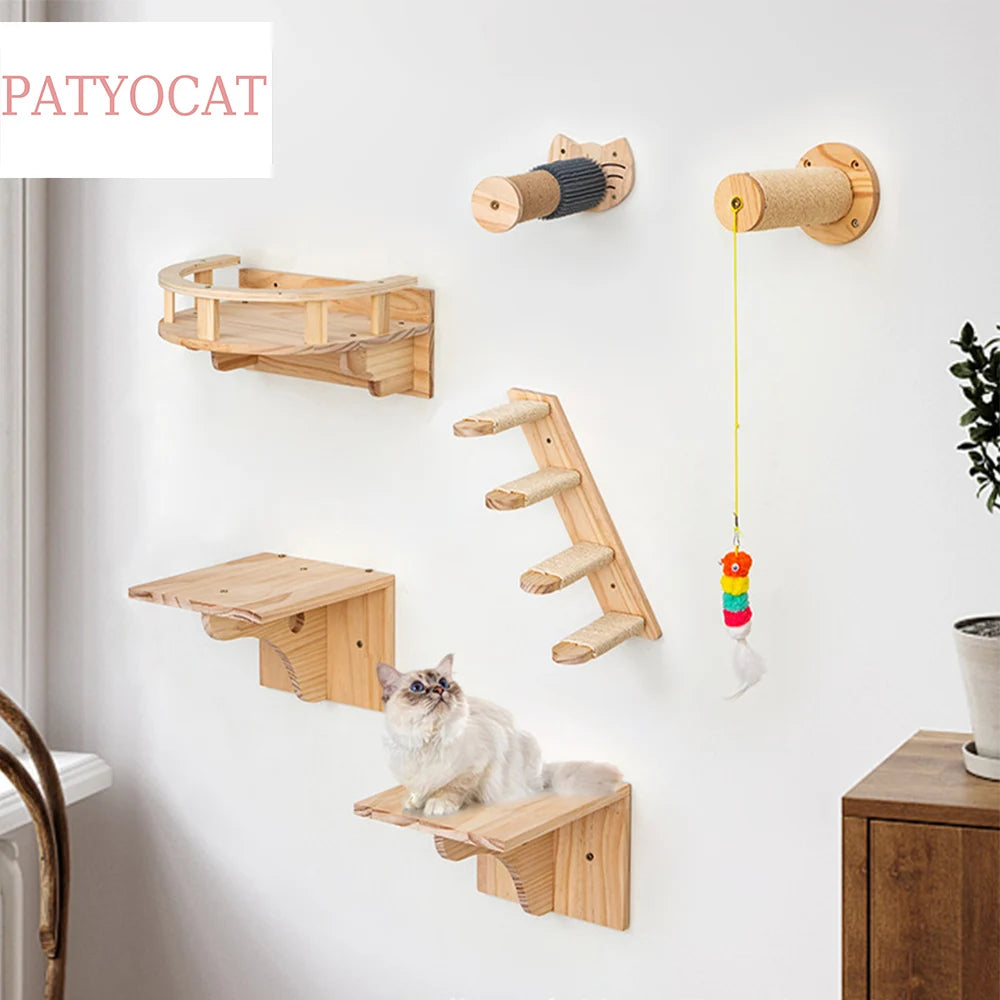 Cat Tree Wall Mounted Cat Climbing Bridge with Scratching Post and Cat Hammock Sisal Ladder for Kitten Playing and Rest
