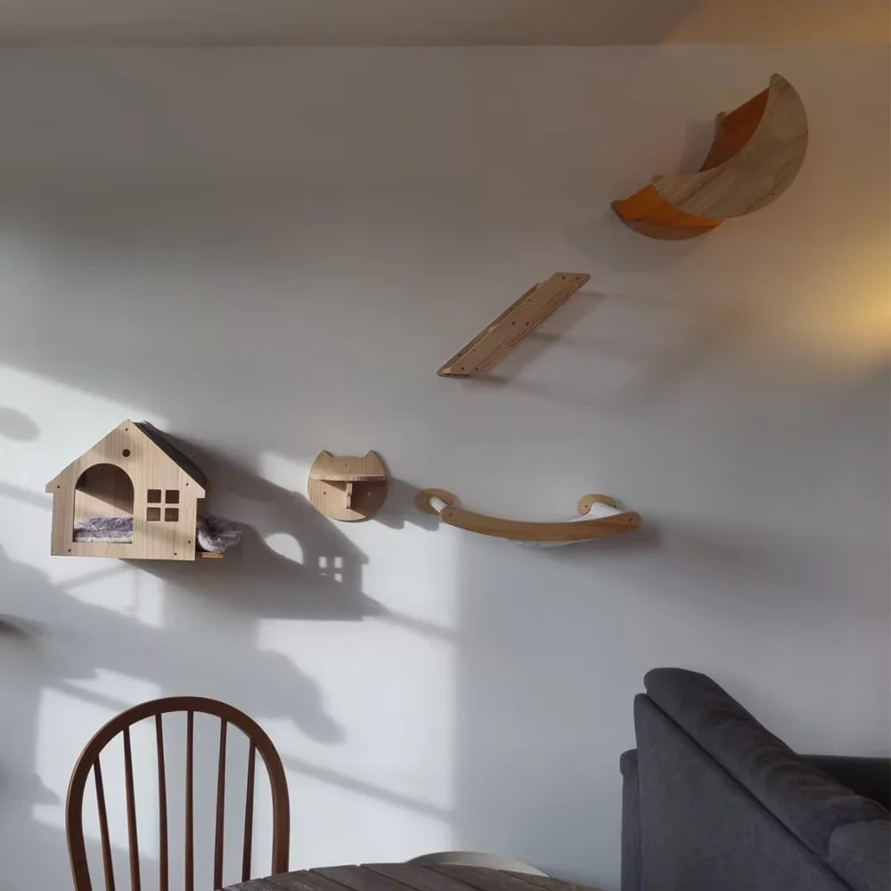 Solid Wood Wall-mounted Cat Climbing Frame Set with Cat Sleeping Nest Cat Tree and Wall Hanging Climbing Column for Kitten