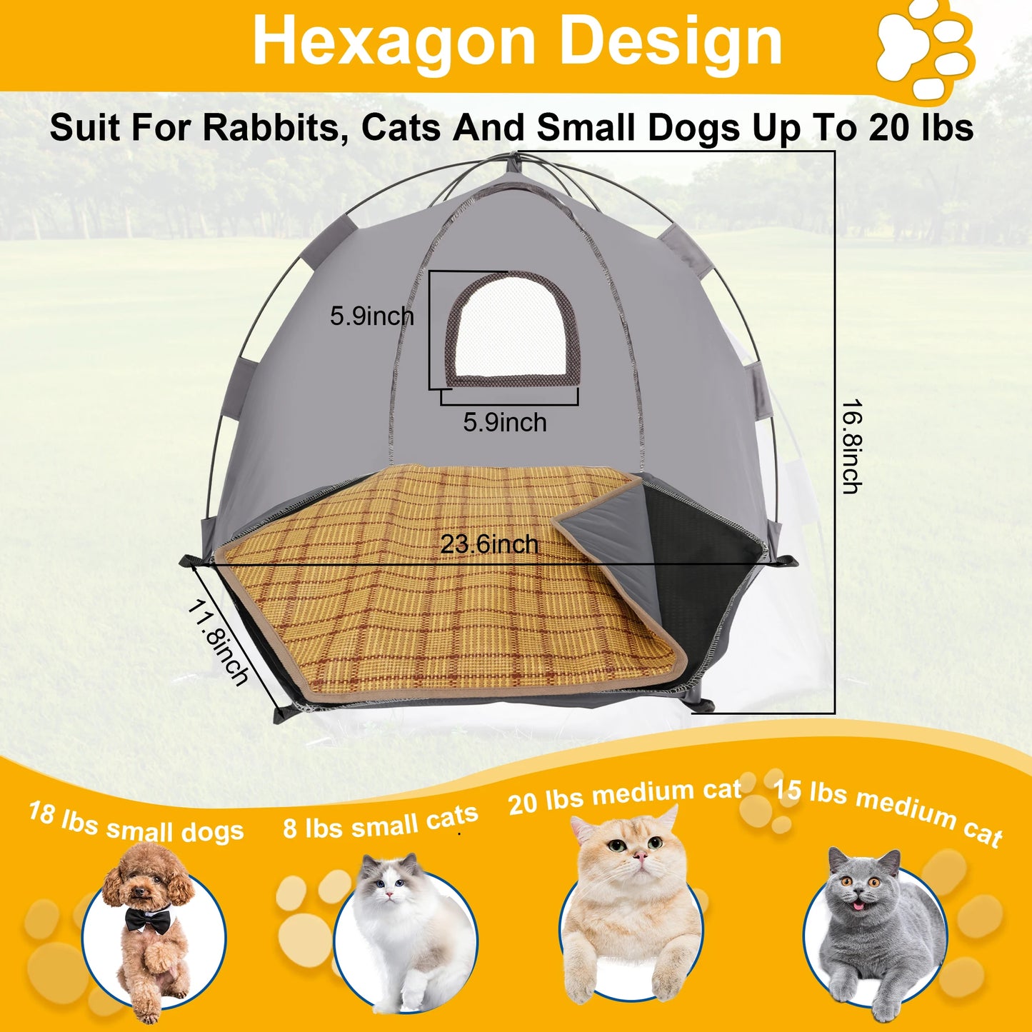 Yanvega Cat Tent Pet Supplies, Gray Cat Tent For Indoor Cat 23.6"*23.6"*16.8" Dog Tent Bed For Small Dog With 6 Ground Nails