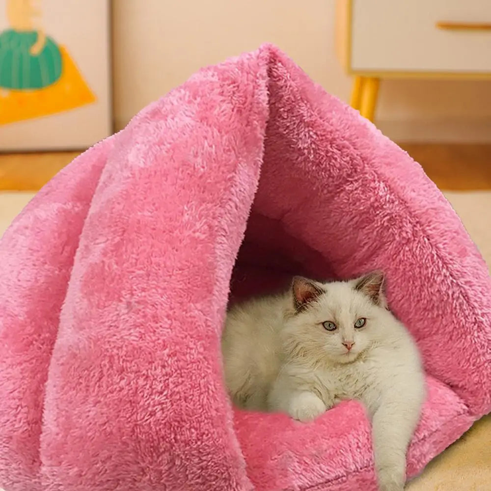 Hooded Cat Bed Cave Soothing Triangular Plush Cave Bed Cat Tent Semi-Open Winter Pet Supplies Creative Non-Slip Bottom For Pets