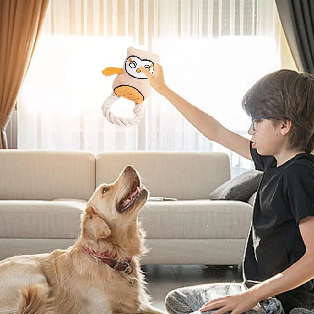 Dog Squeak Toys Owl Design Stuffed Dog Toys Durable Rope Plush Chew Fetch Brain Stimulating Toy Squeaky Pet Interactive Toy