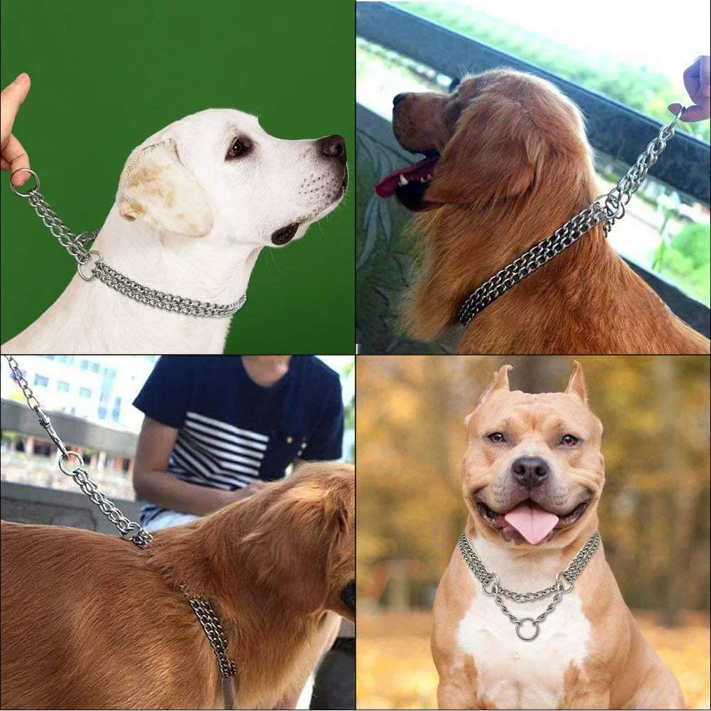 Dog Chain Collar Stainless Steel Martingale Collar for Dogs Metal Cuban Link Chew Proof Double Row Chain Pet Large Dogs Collar