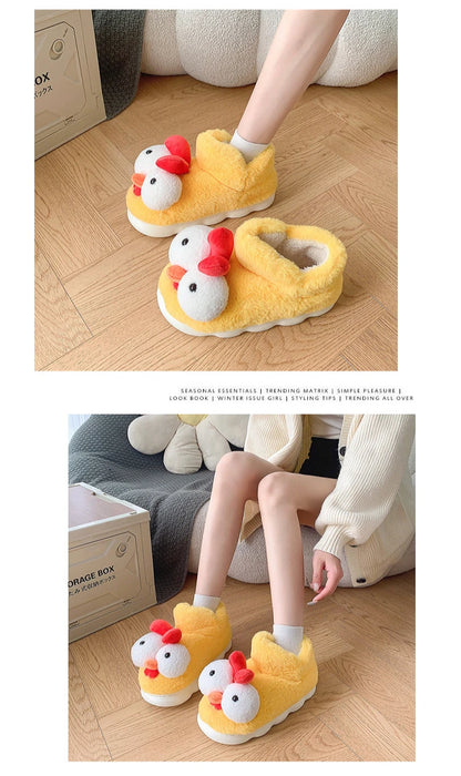 Women New Cute Cartoon Indoor Slippers Female Funny Yellow Chicken Winter Warm Fluffy Shoes Couples Home Floor Cotton Slippers