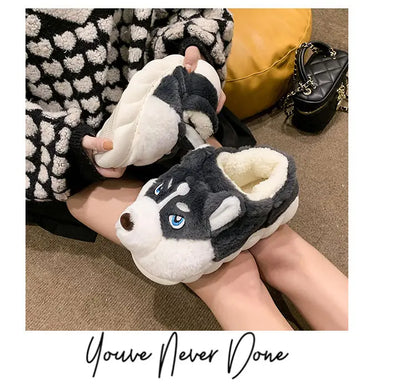 Winter Home Couple Shoes Women's Fluffy Dog Slippers Girl Animal Fur Slides Kawaii Funny Furry Shoes Woman Plush Booties Slipper