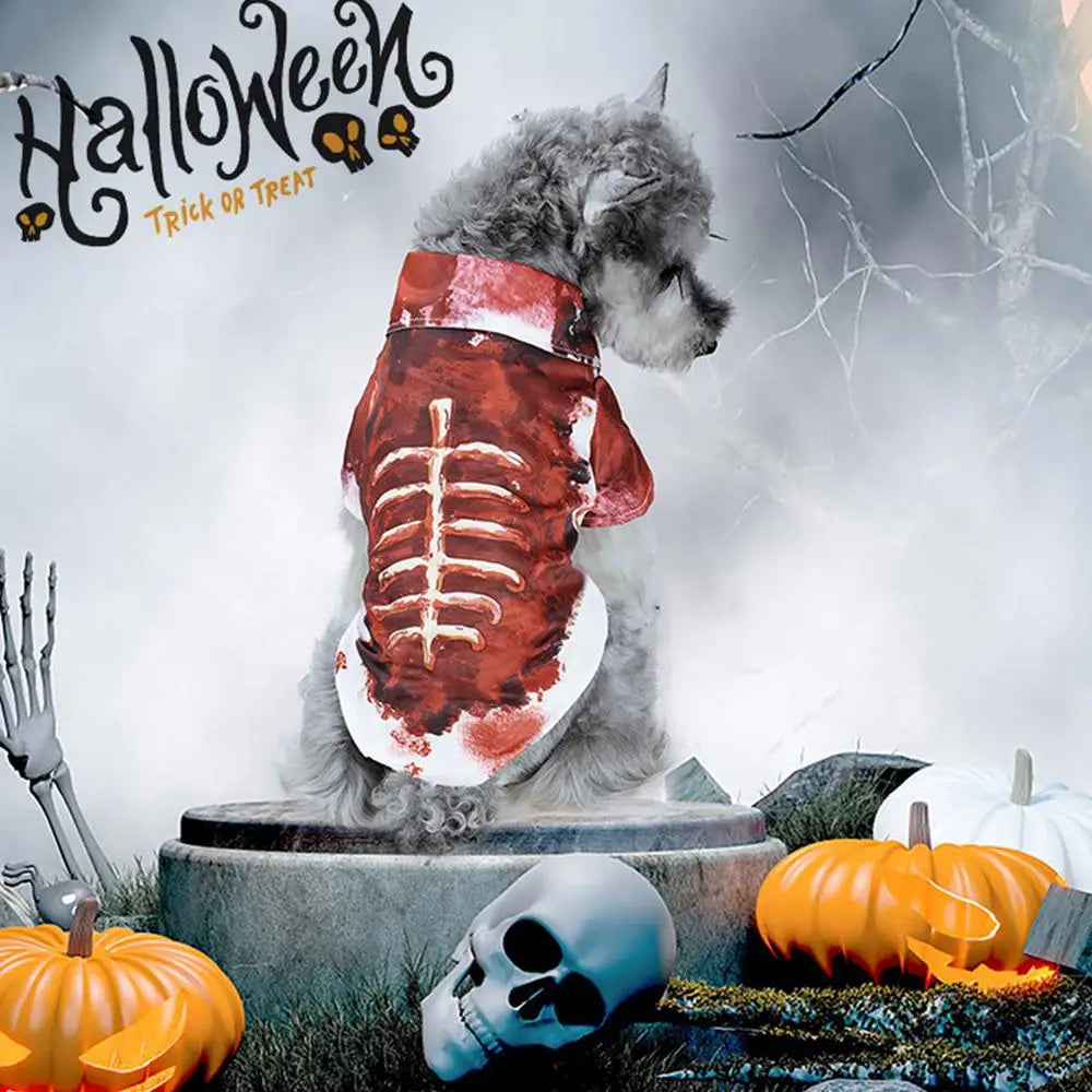 Cat Halloween Costumes Spooky Pet Blood Shirt Printed Pet Dog Clothes Bloody Skeleton Clothes Dress up for Small Medium Large