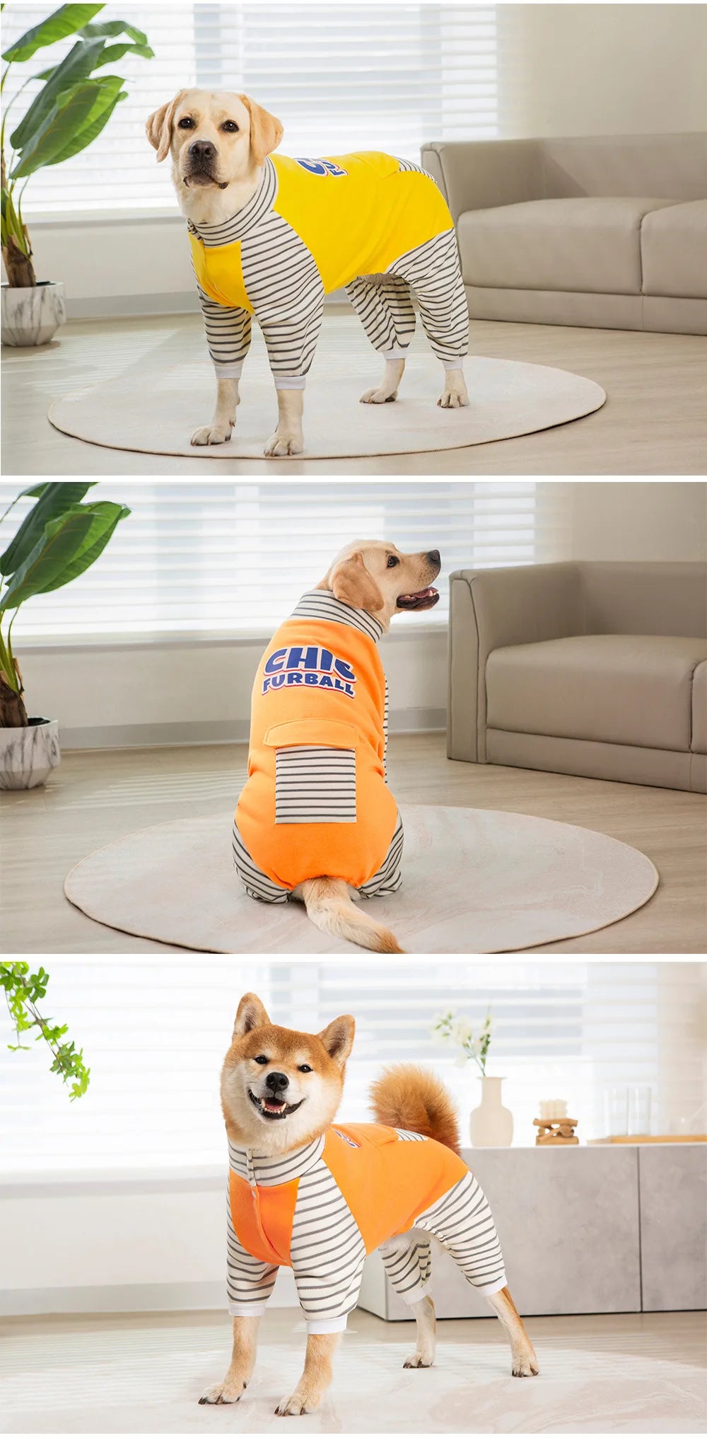 3XL-8XL Large Dog Jumpsuit Turtleneck Warm Plush Lined Dog Pajamas Onesie Stripe Winter Clothes for Large Dogs Pet Pitbull