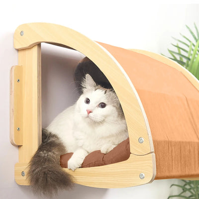 1 Piece Wooden Cat Wall Mounted House or Hammock with Climbing Ladder and Scratching Post for Kitten Playing and Sleeping