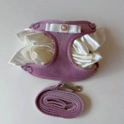 Dog Harness and Leash Set for Small Dogs Cats,Soft Cotton Lace Ruffles Design Pet Vest Harness with Pearl Bowtie Pet Accessories